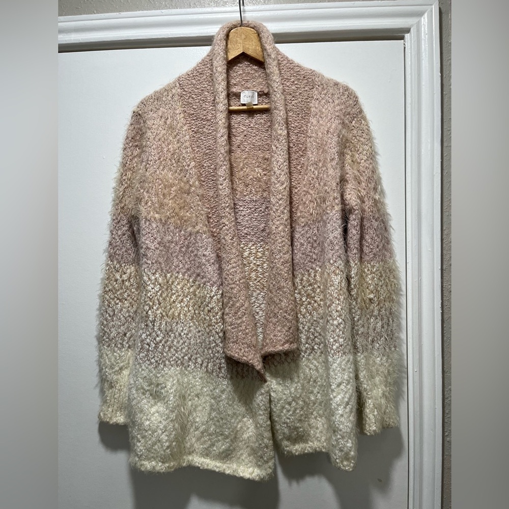 Cupio Womens Pink and White Holiday Teddy Soft Cozy Open Front Cardigan Medium